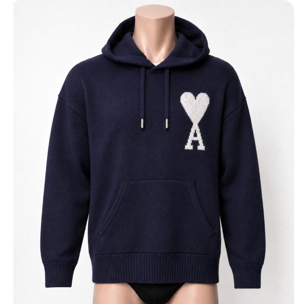 AMI Paris Ami de Coeur Heart Logo Navy Wool Knit Hoodie Men's US L